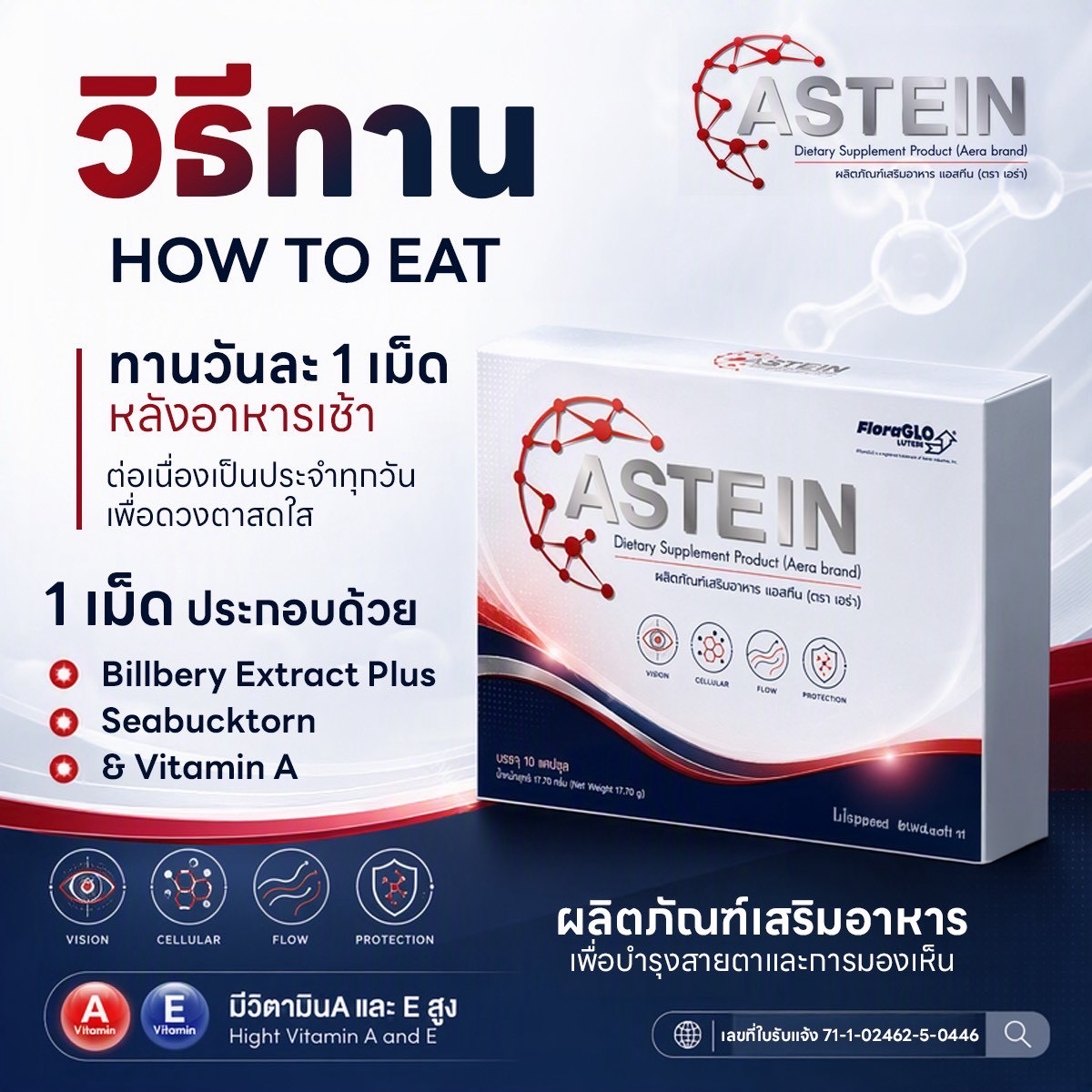 วิธีรับประทาน ASTEIN วันละ 1 แคปซูลหลังอาหารเช้า