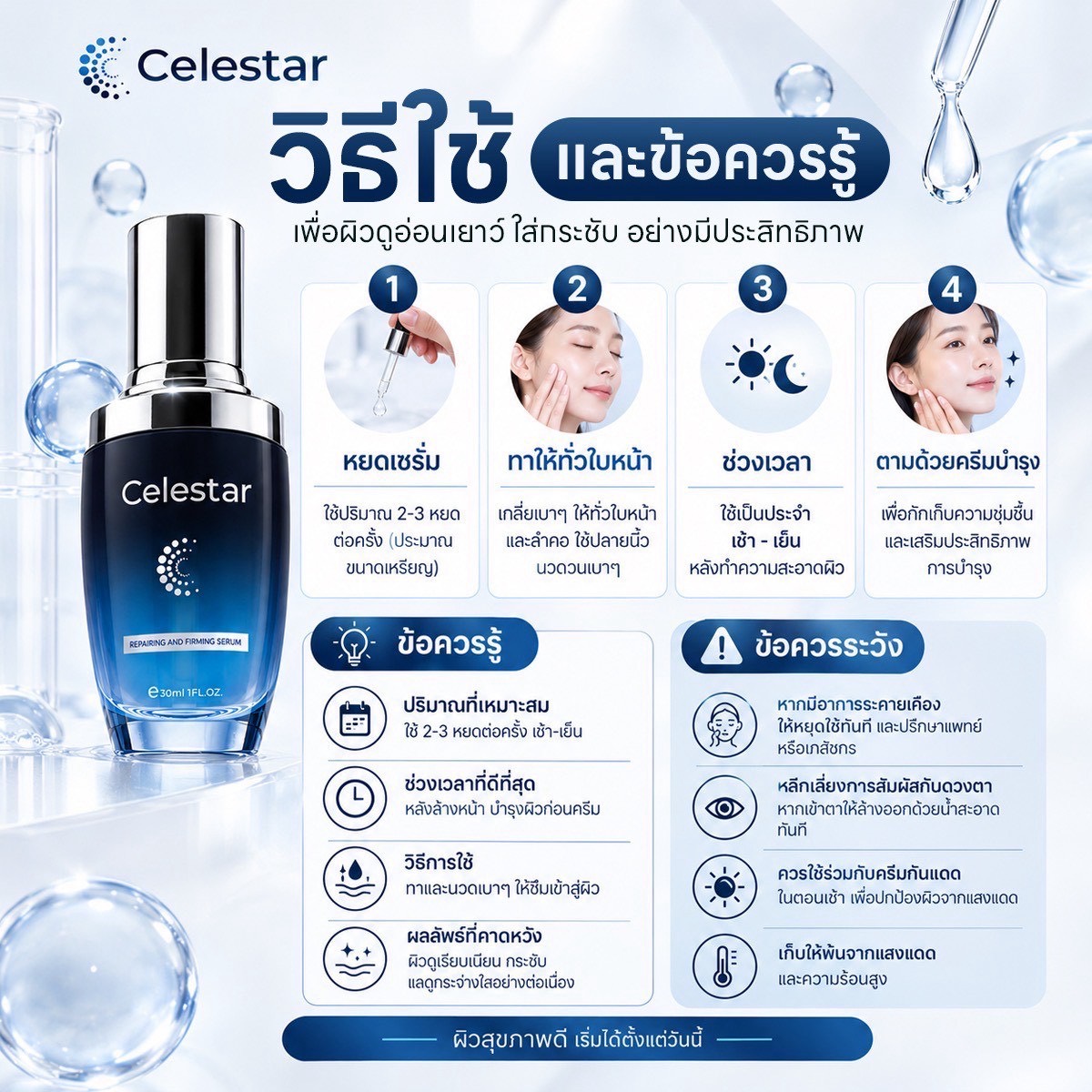 ผลิตภัณฑ์ Celestar Repairing and Firming Serum สำหรับประกอบบทความการดูแลผิว