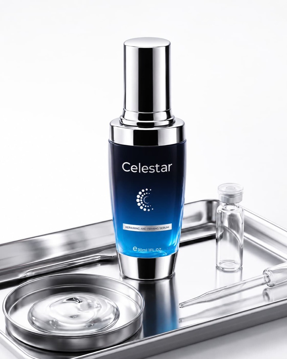 ขวด Celestar Repairing & Firming Serum บนถาดสีเงิน